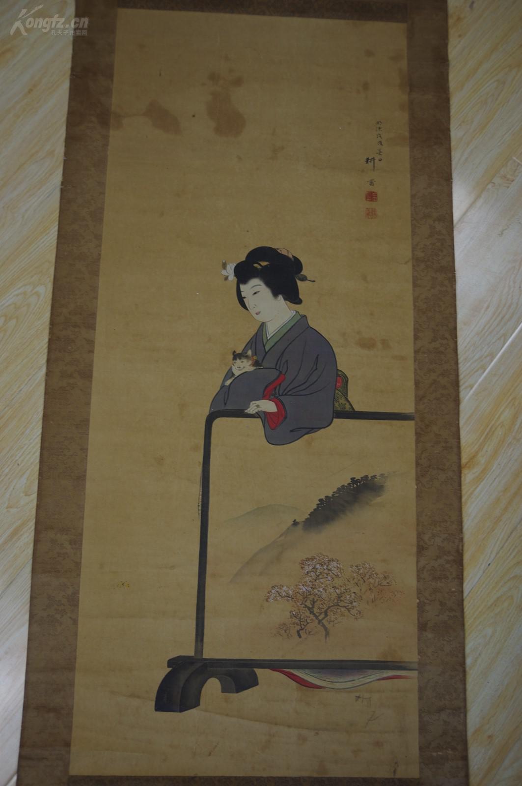 百年老画 江户明治时期著名画家上田耕甫笔《绢本手绘 美人图》别具