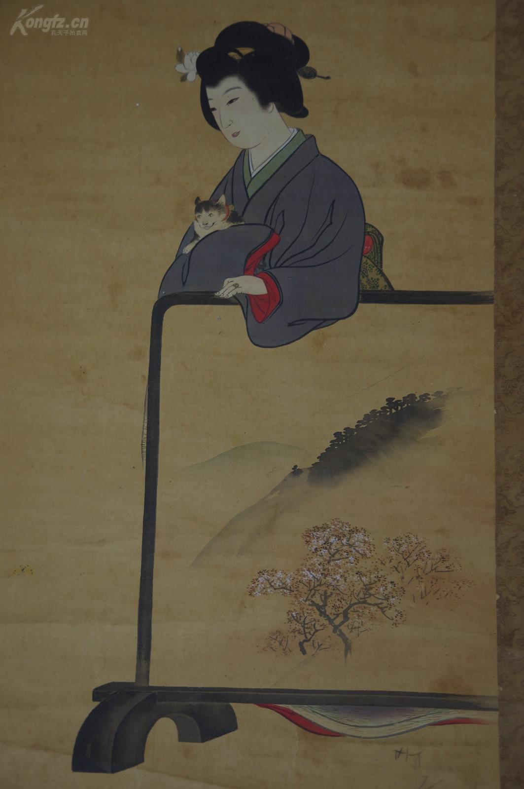百年老画 江户明治时期著名画家上田耕甫笔《绢本手绘 美人图》别具